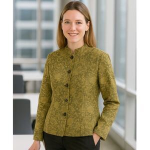 JH Collectible Tapestry Jacket Women Size XL Chartreuse Floral Brocade Mandarin